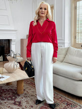 EMERY ROSE Stretchy Satin Silk V-Neck Long Sleeve Straight Women Blouse